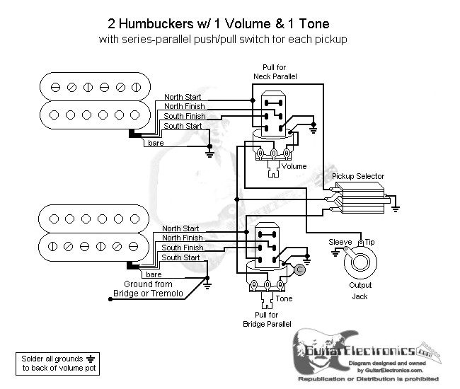 2 humbuckers 3 way toggle switch 1 volume 1 tone series parallelvolume 1 tone series click to enlarge